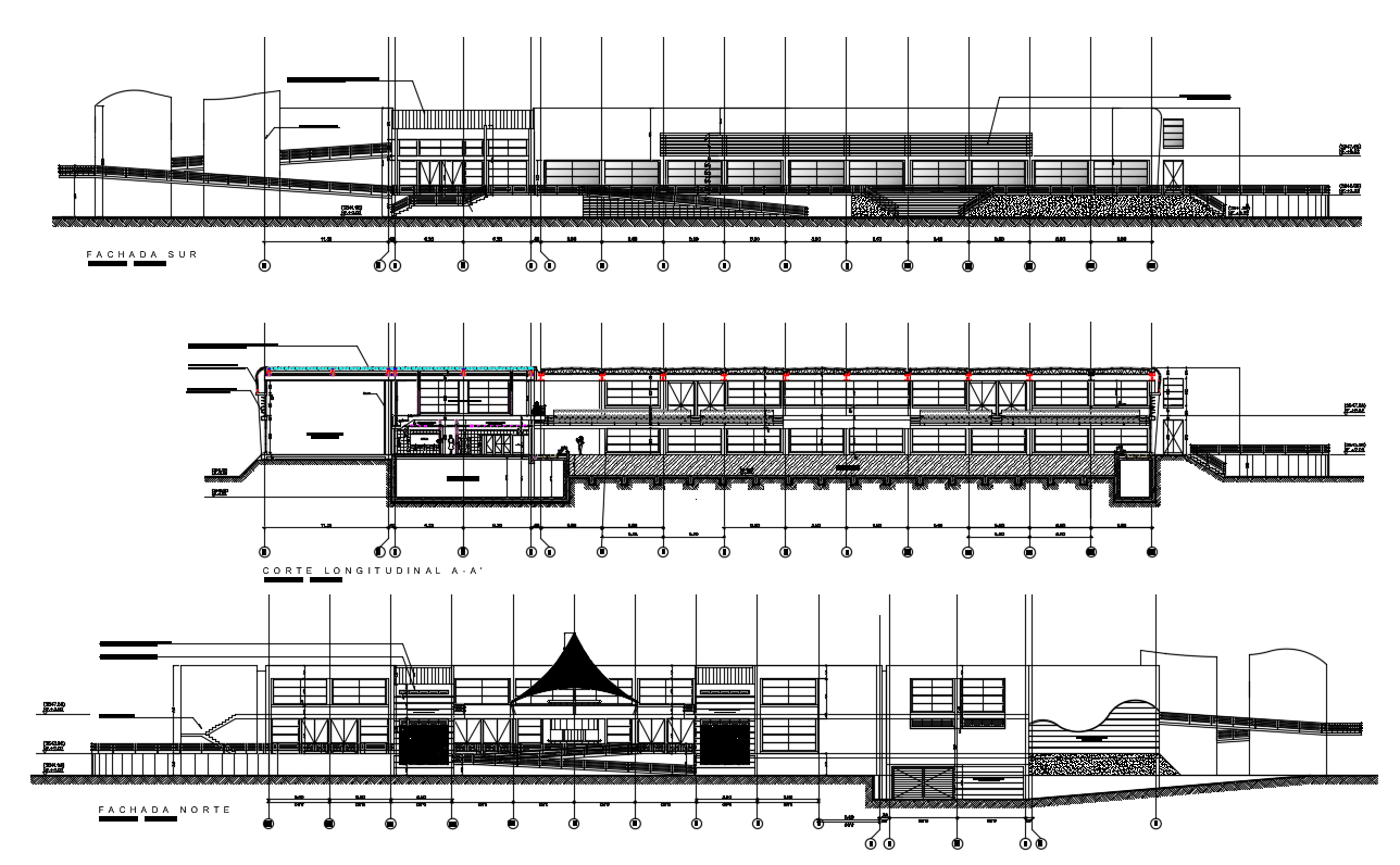 Swimming pool Hotel Building Sectional Elevation CAD Drawing DWG File