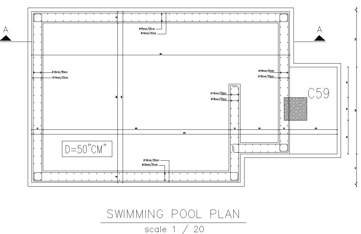 Swimming pool plan details in AutoCAD, dwg file.
