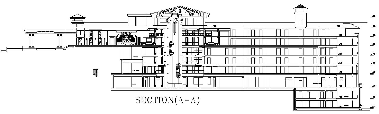 Swiss hotel main building section details in AutoCAD, dwg file.