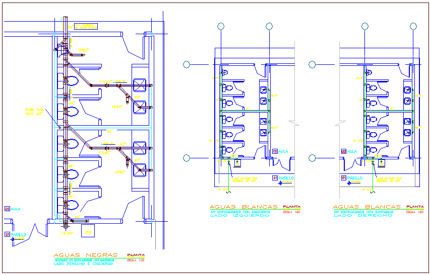 System of white and black water sanitary plant system for classroom dwg file