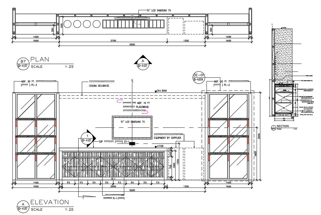 TV Unit Plan Section and Elevation in AutoCAD DWG File