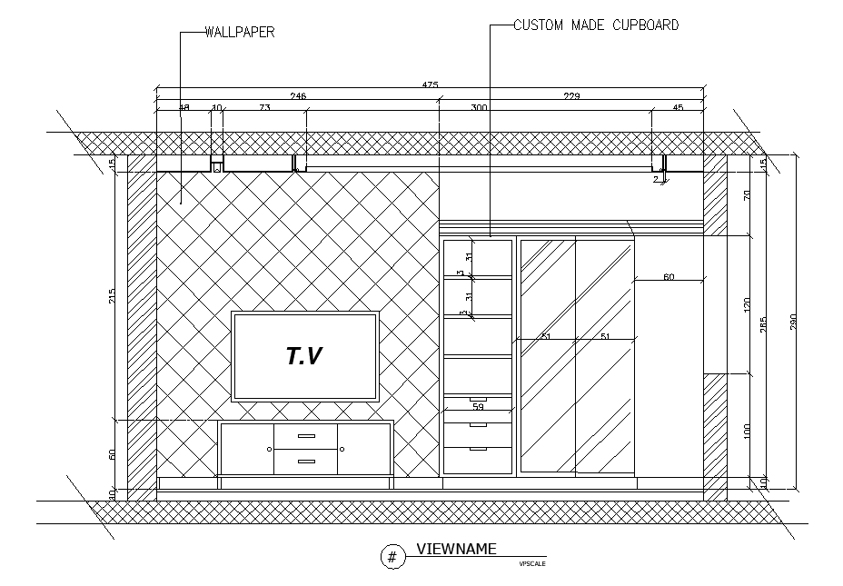 TV unit interior detail drawing defined in this AutoCAD file. Download the AutoCAD file.