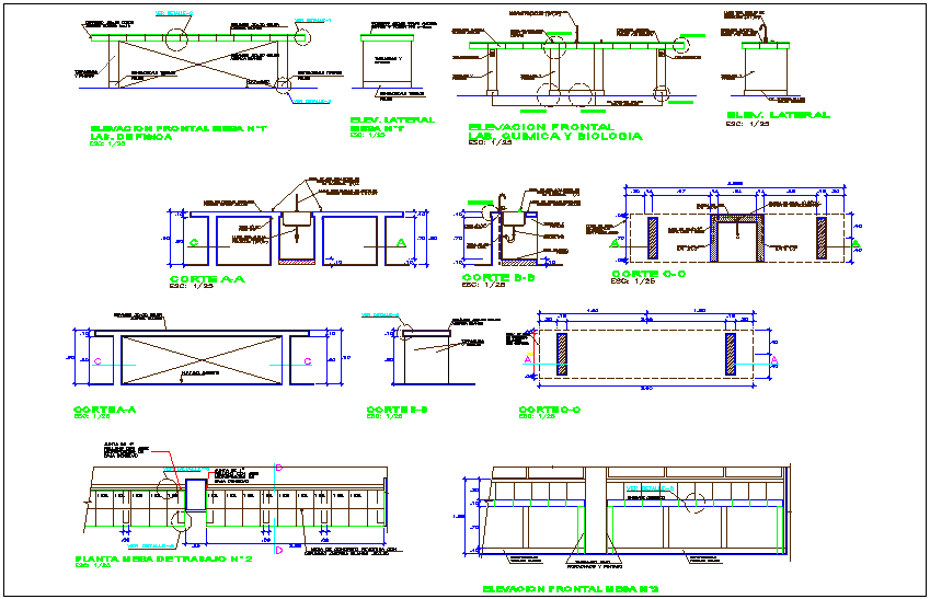 Table with laboratory different axis elevation and section view for collage dwg file