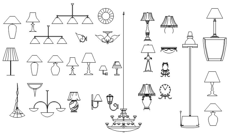 Table lamps and chandelier designs CAD blocks in AutoCAD 2D drawing, CAD file, dwg file