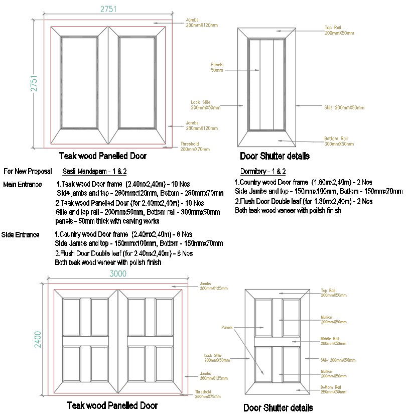 Teak Wood Door Design Details in AutoCAD DWG File