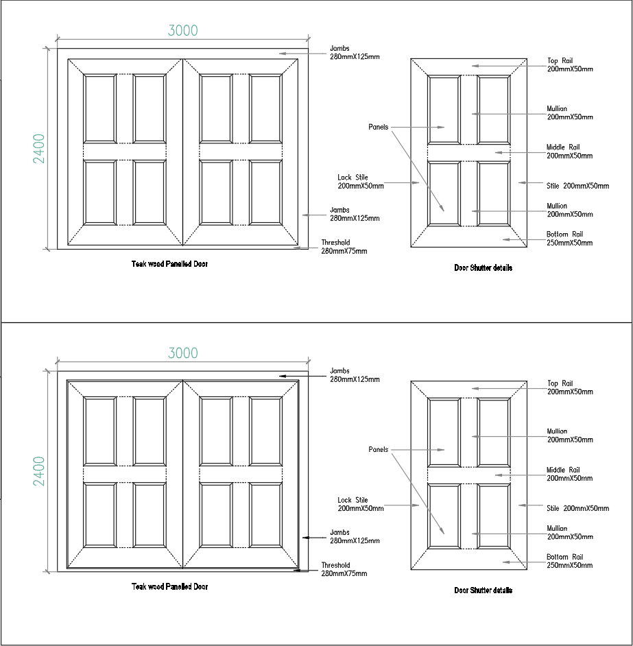 Detailed Teak Wood Door Design with Shutter in DWG Format