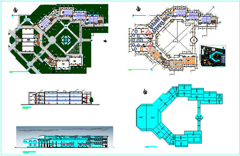 Technological educational institute plan,elevation and section view dwg file