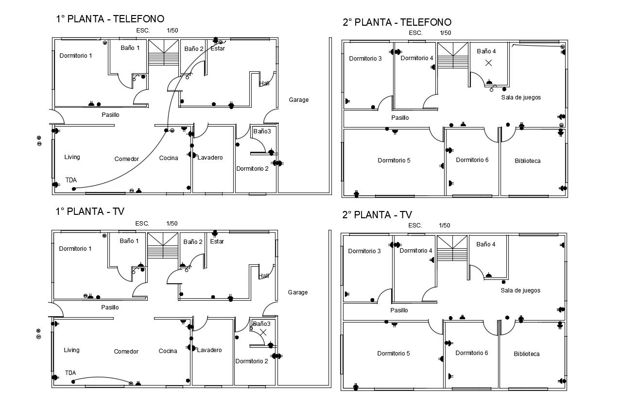 Telephone and T.V electric line view of house dwg file