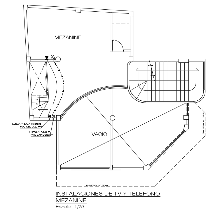 Telephone and TV installation of 10x10m commercial cum staying room mezzanine floor plan is given in this Autocad drawing file. Download the Autocad model.
