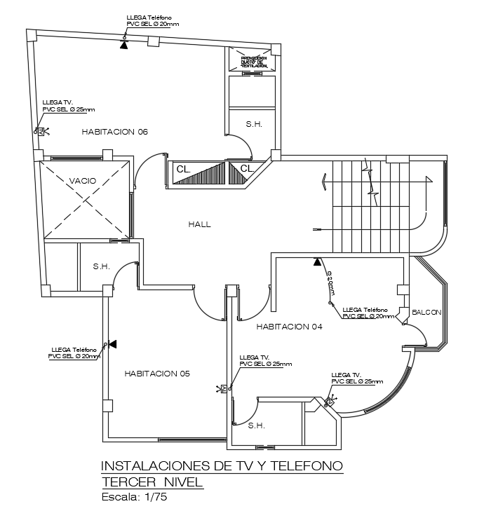 Telephone and TV installation of 10x10m commercial cum staying room third floor plan is given in this Autocad drawing file. Download the Autocad model.