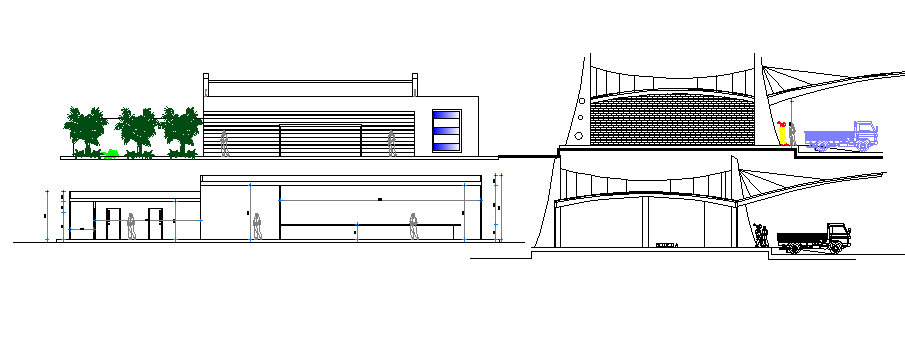 Terminal mall side elevation and side sectional details dwg file