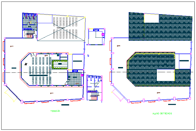 Terrace and roof plan view of government building dwg file