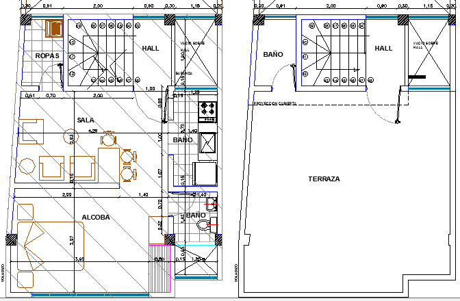 Terrace and structural layout of single family house plan dwg file