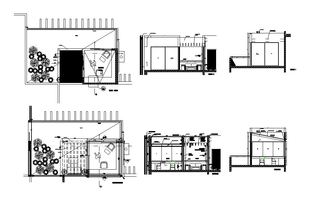 Terrace pergola section and plan with terrace garden of house dwg file
