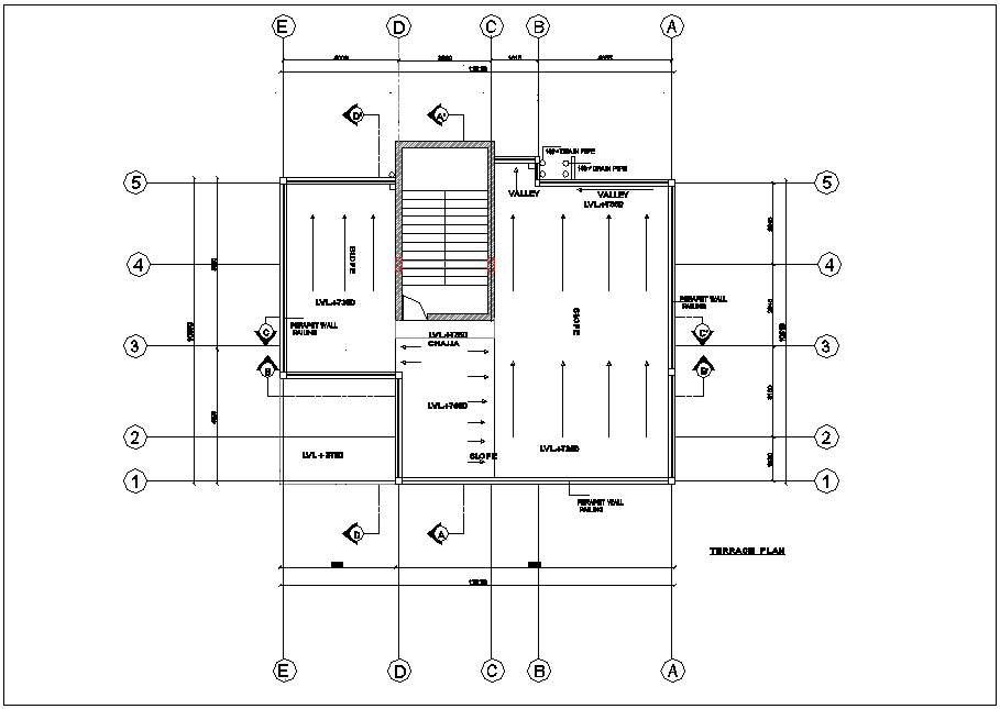 Terrace plan of bungalows with architectural view dwg file
