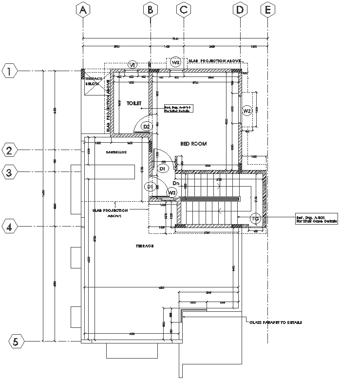AutoCAD house terrace plan with parapet wall detail
