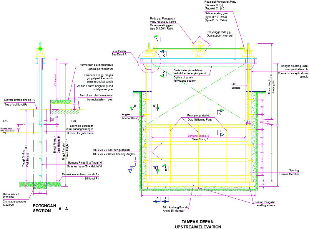 Territory gate section AA drawing is given in this AutoCAD file