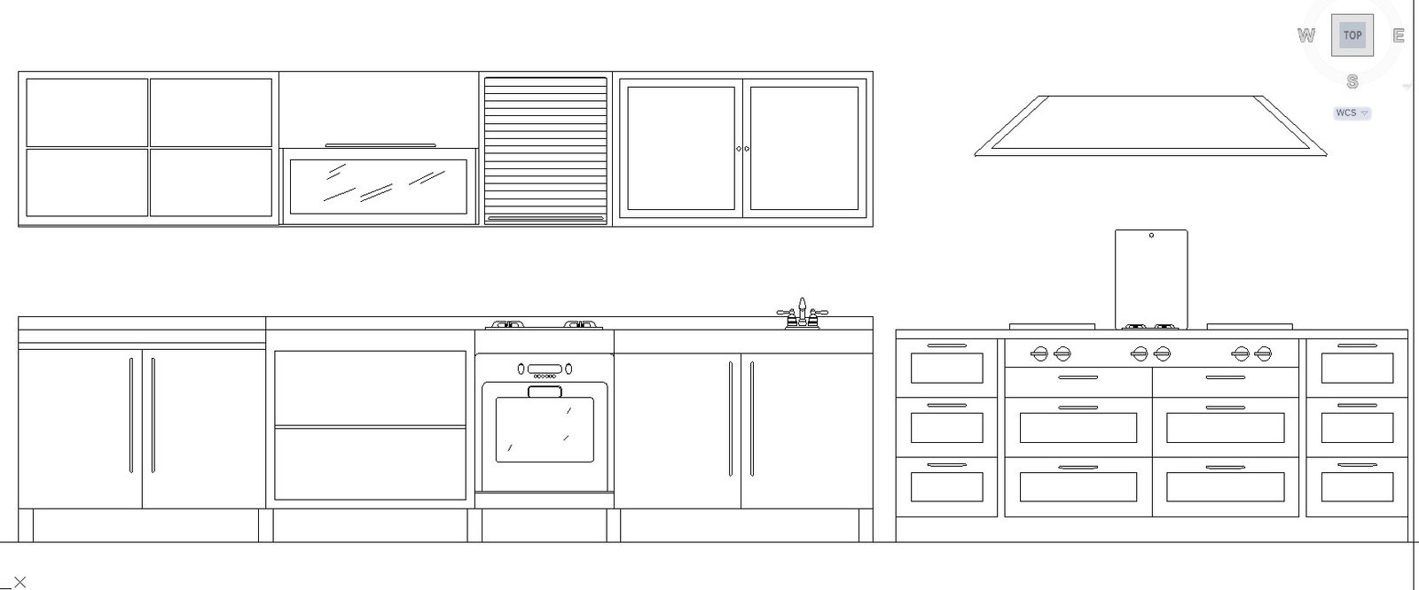 The front elevation view of the kitchen cupboard CAD drawing