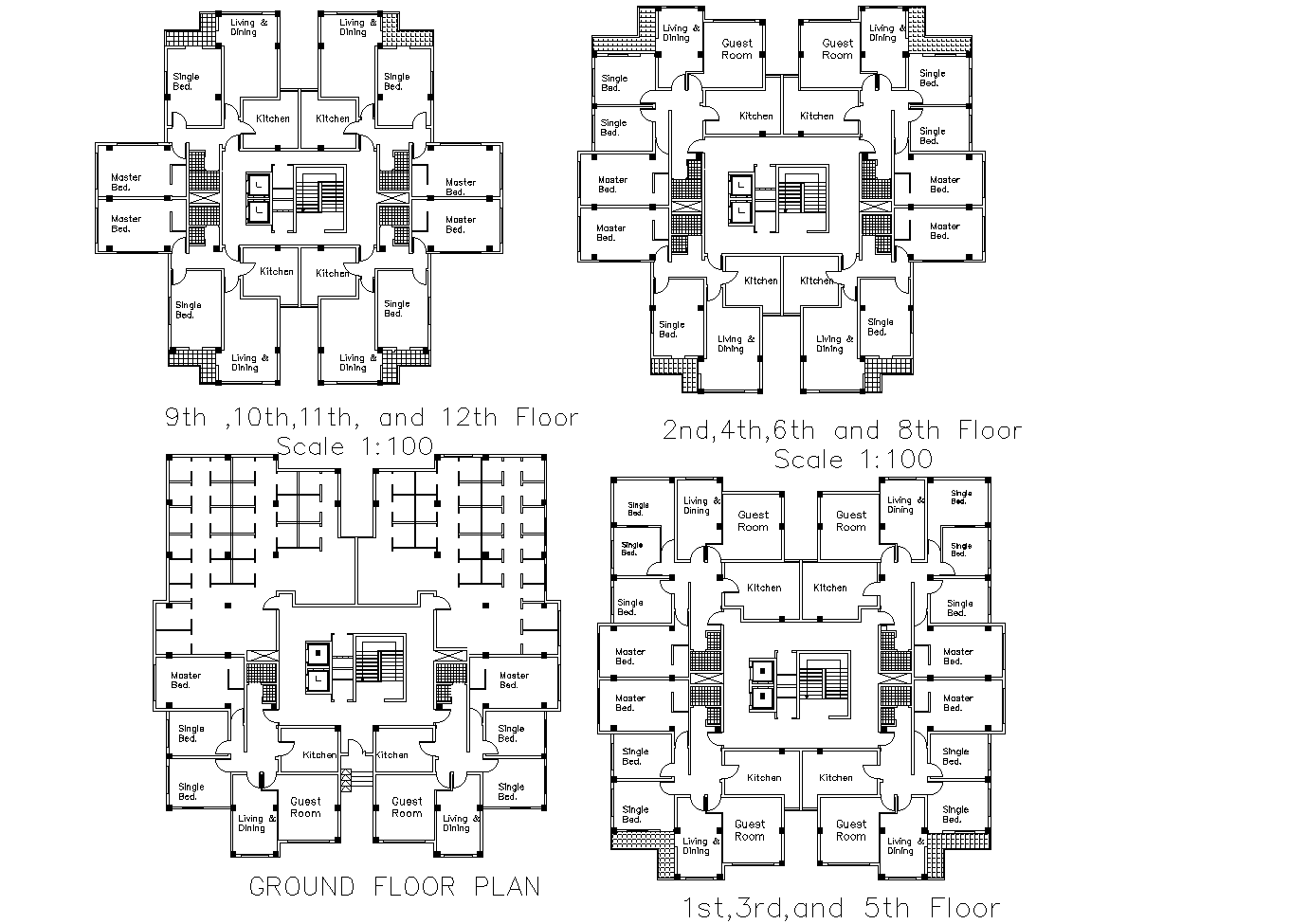 The layout of high rise building plan detail dwg file,