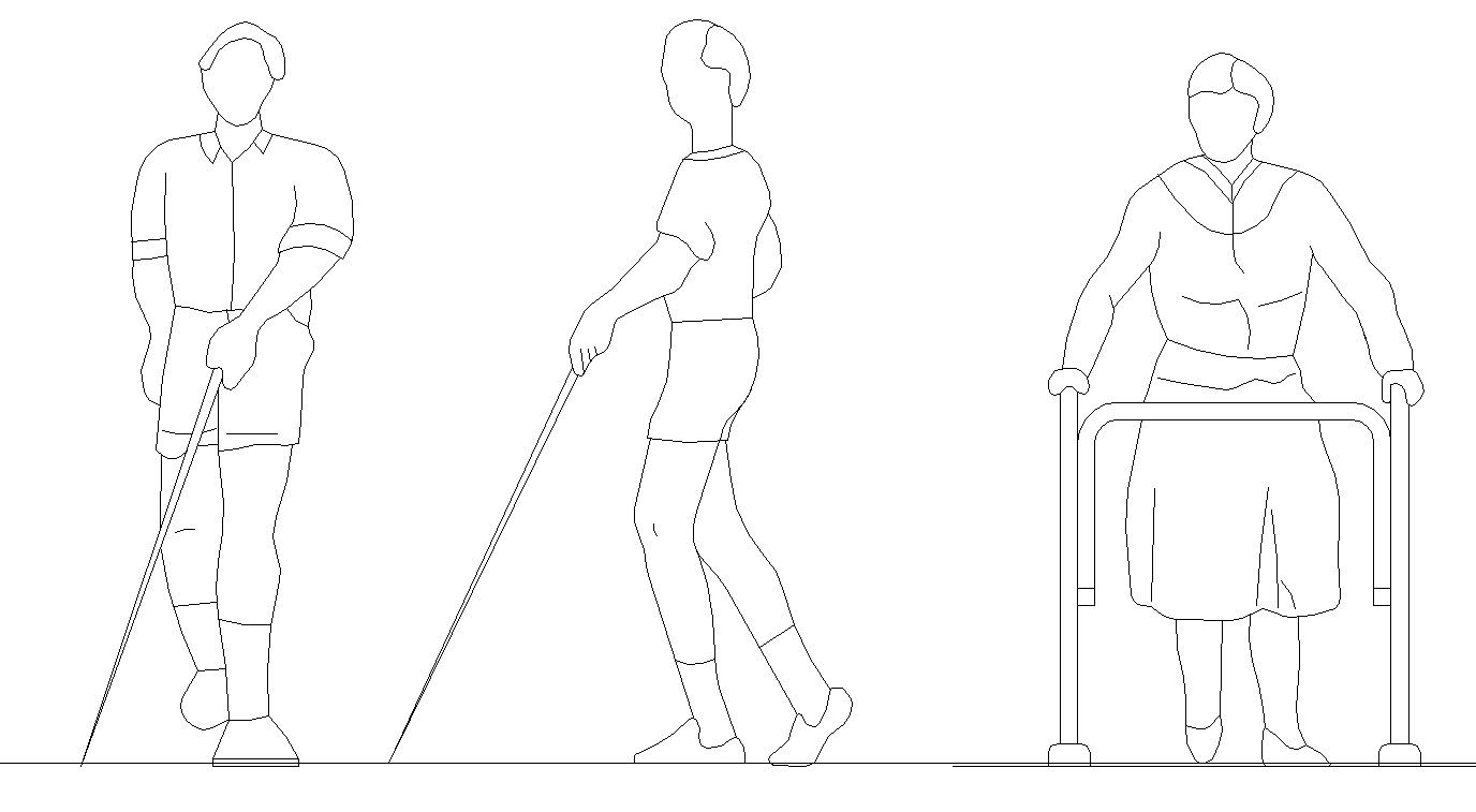 The people's CAD block with walker walking stick drawing