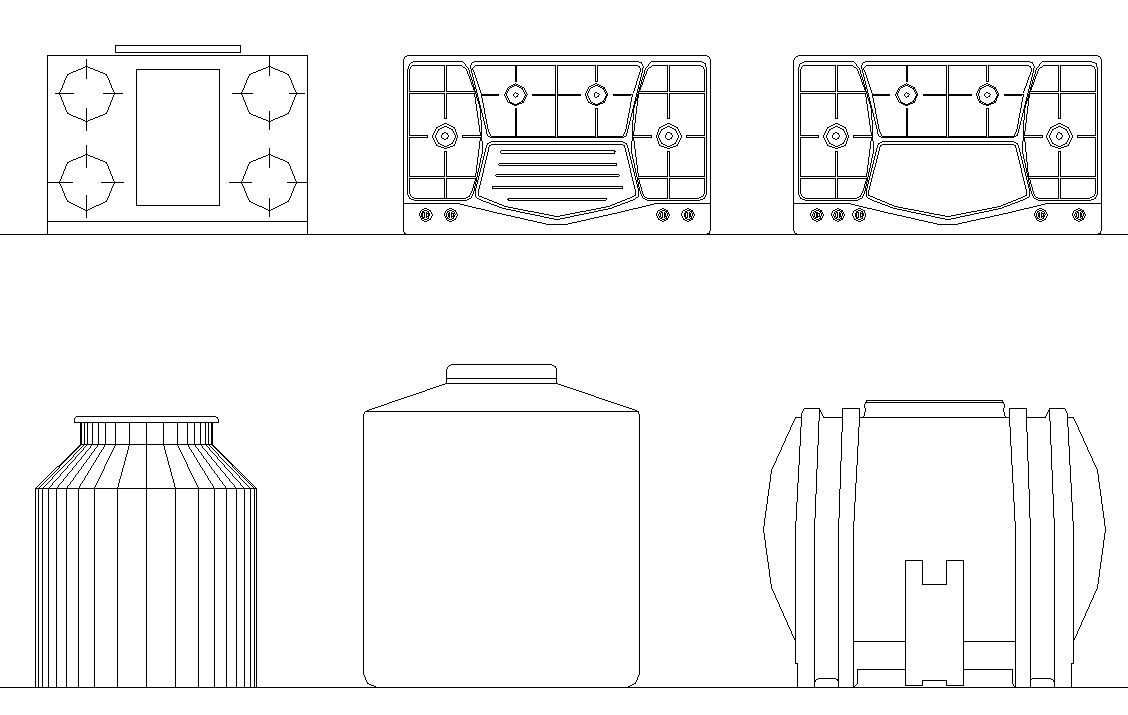 The2D storage water tank and kitchen gas stove AutoCAD DWG drawing