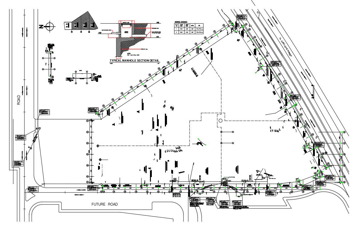 The 2D DWG drawing of the site plan and typical manhole section plan.Download the AutoCAD DWG file.