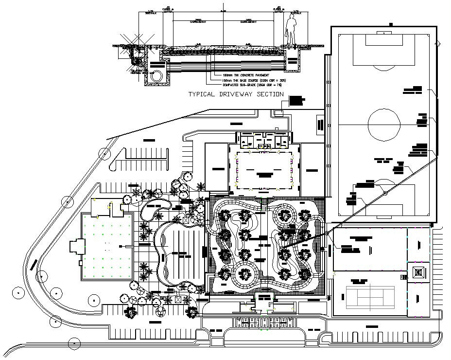 The AutoCAD 2D DWG file of the restaurant building Architectural floor plan , typical driveway section, and landscape details.