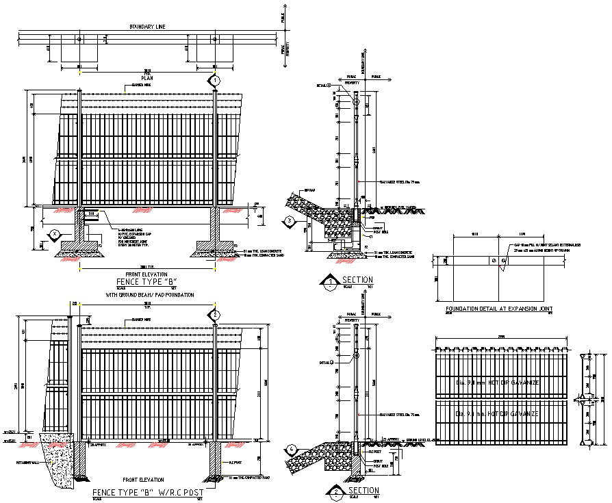The AutoCAD 2D file shows the details of the fence type detailed structure.Download the AutoCAD DWG file.