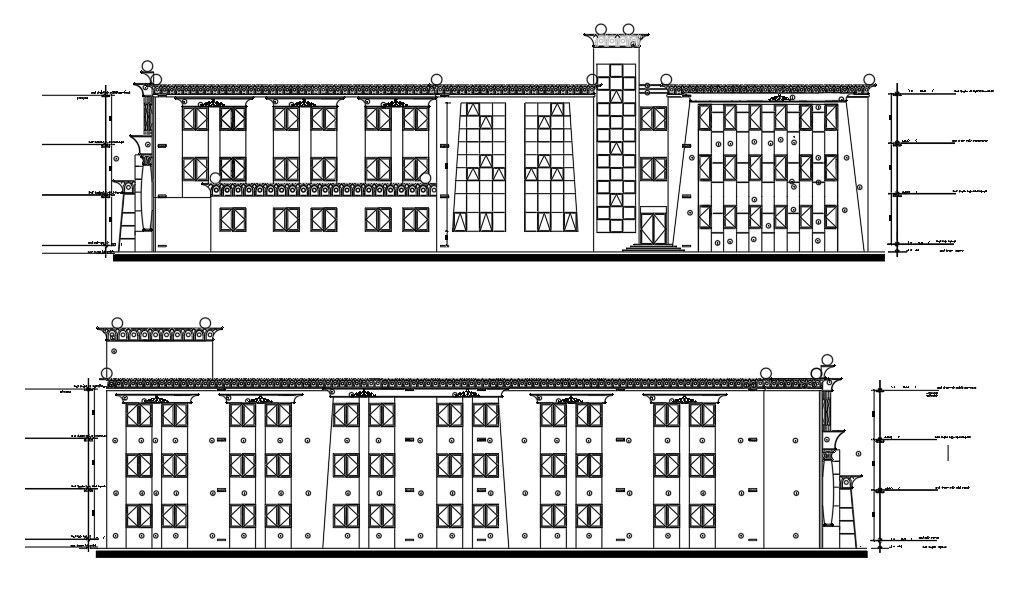 The AutoCAD DWG Drawing of the elevation and the section details of the college building AutoCAD DWG Drawing File. Download it now.