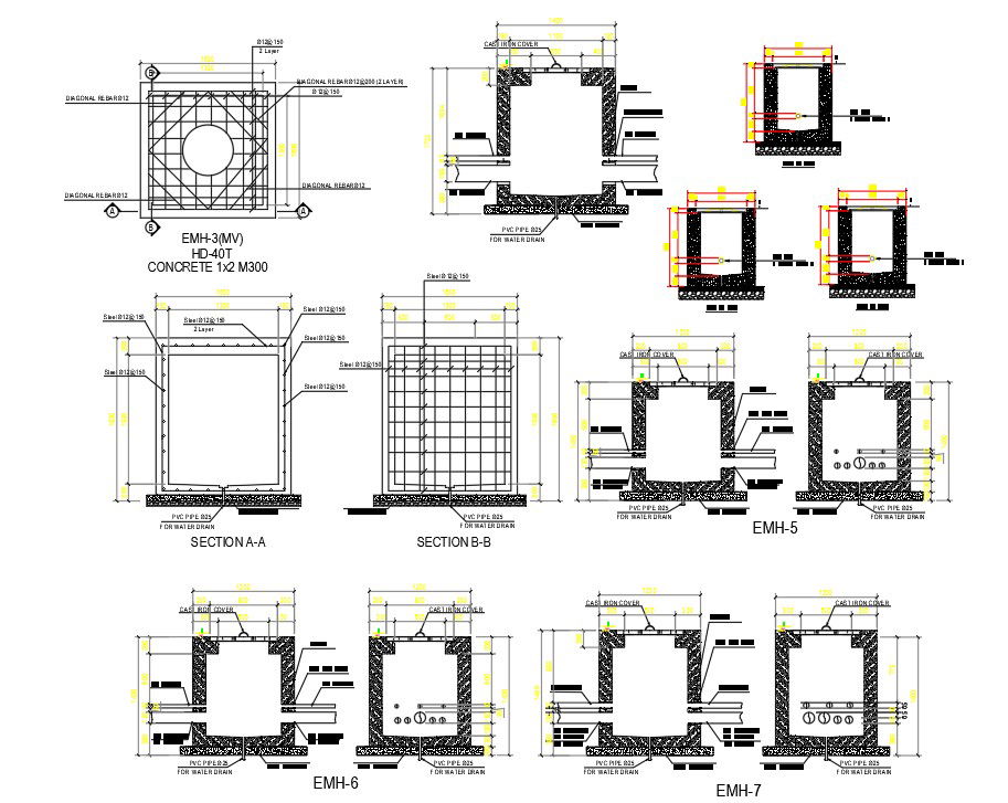 The AutoCAD DWG drawing file of the Manhole duct section details. Download the AutoCAD DWG file.