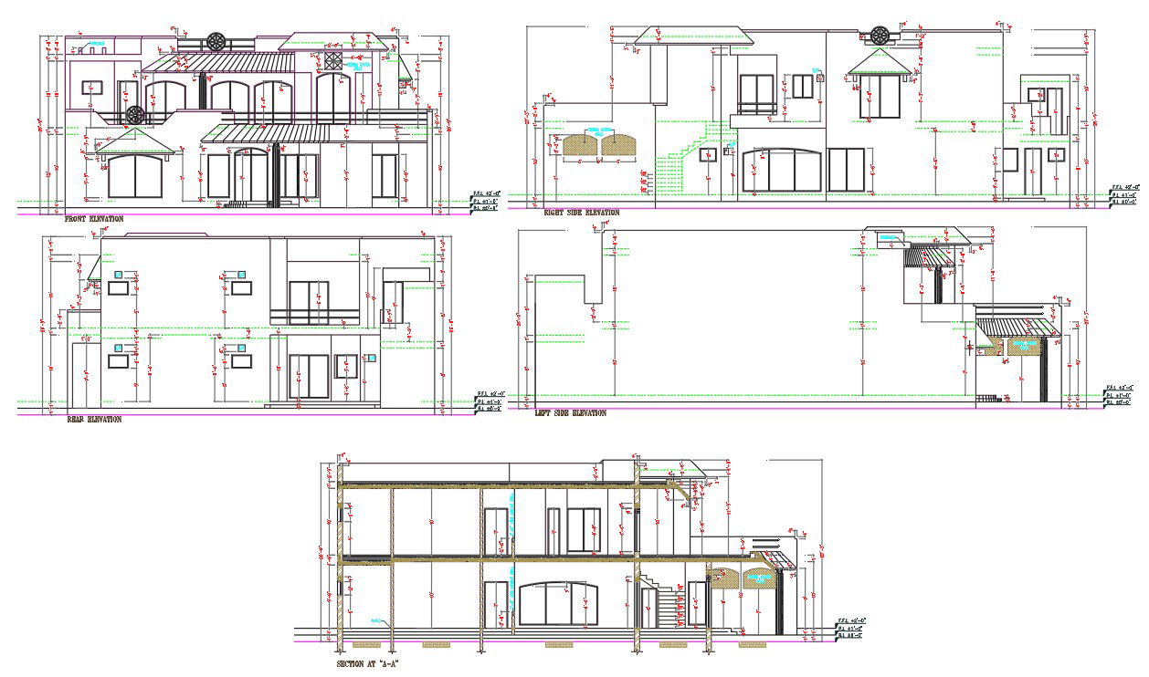 The AutoCAD DWG file shows the details of the Front , left, right and rear side elevation and sectional Elevation Diagram.