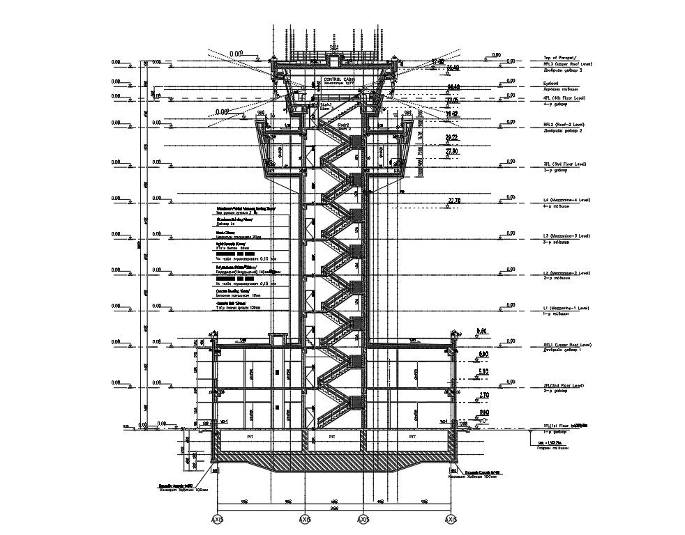 The AutoCAD Drawing DWG 2D file of the Tower side staircase elevation and section details.Download the AutoCAD DWG file.