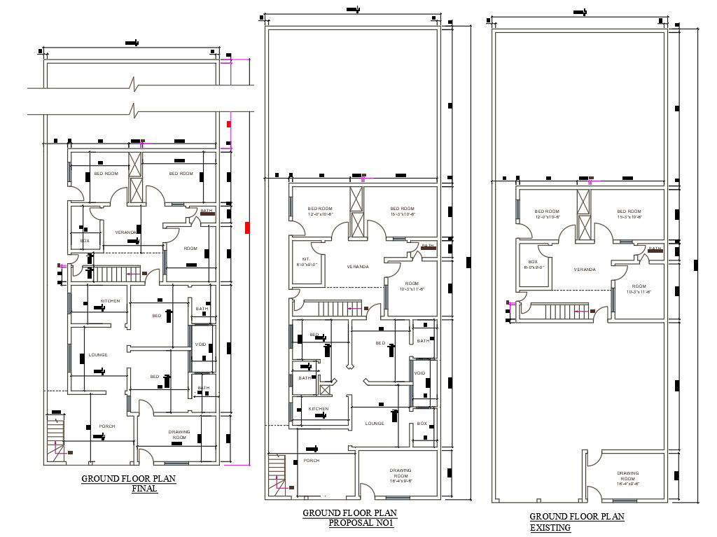 The AutoCAD drawing file showing 3 types of 37' X 99' 2 BHK House plan DWG files.Download the AutoCAD Drawing file.