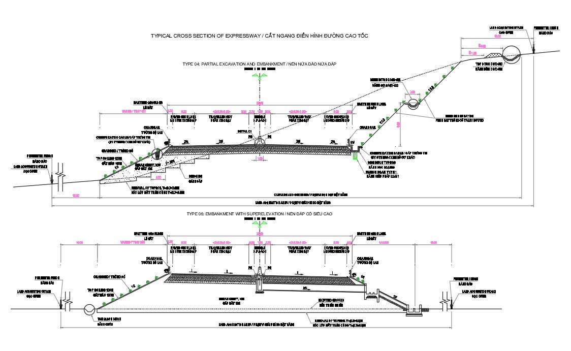 The AutoCAD drawing of the typical cross-section of the expressway details. Download the AutoCAD DWG file. 
