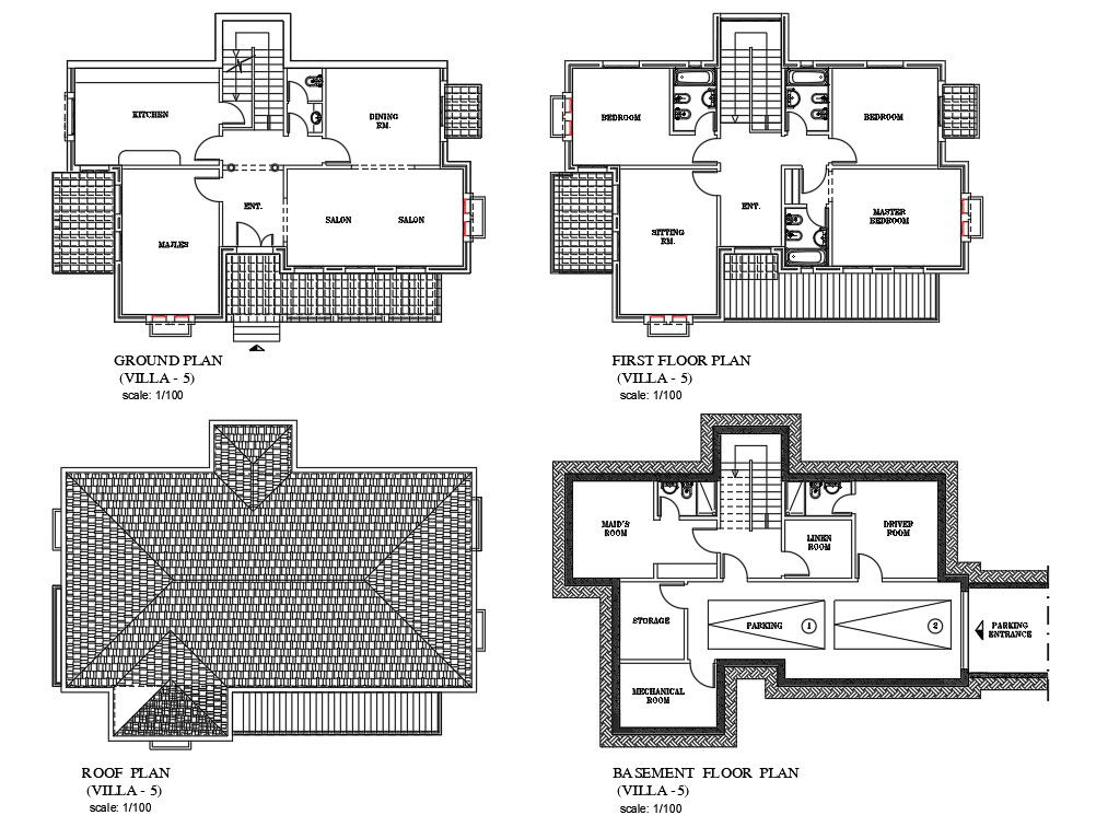 The AutoCad 2D drawing file having the Individual villa floor plan with Basement two car park facilities( Villa Floor Plan). Download the AutoCAD 2D DWG file.