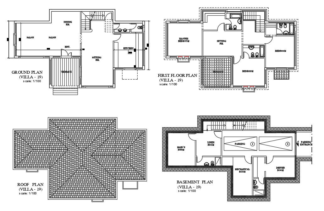 The AutoCad 2D drawing file having the Individual villa layout plan with Basement two car park facilities( Villa layout Plan).Download the AutoCAD 2D DWG file. 