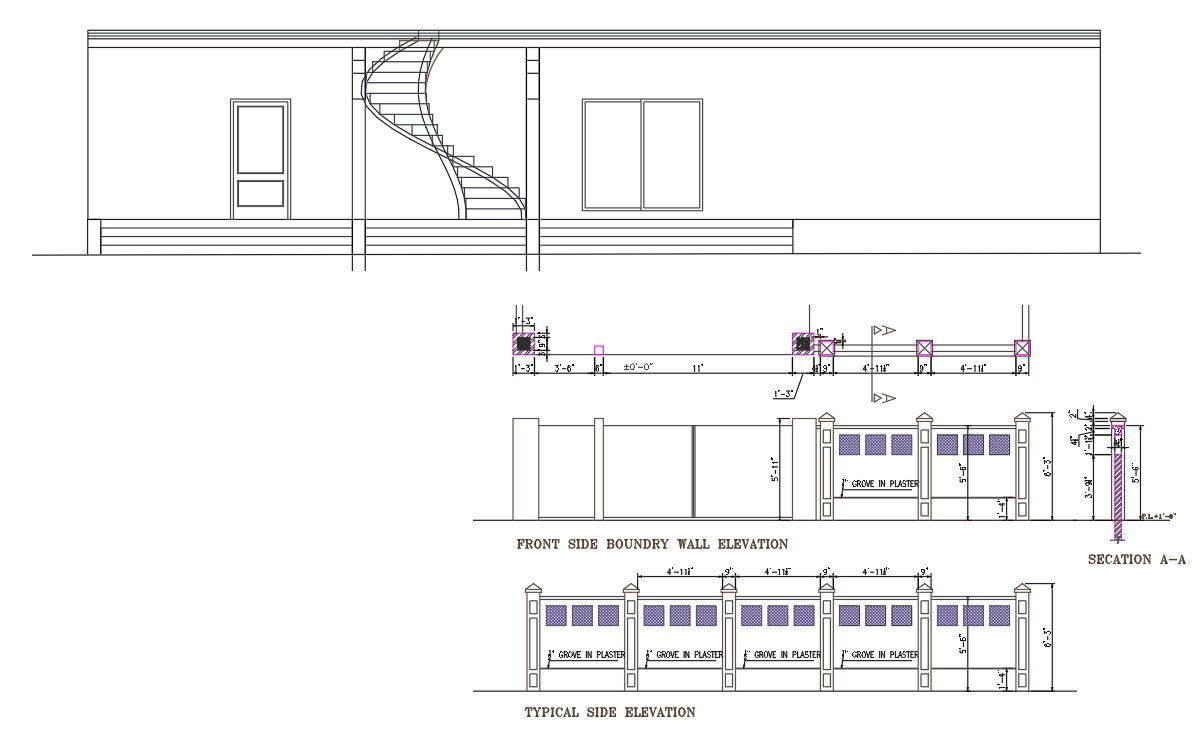 The Autocad drawing file shows the detailed plan of the Front side boundary wall elevation. Download Autocad DWG file.