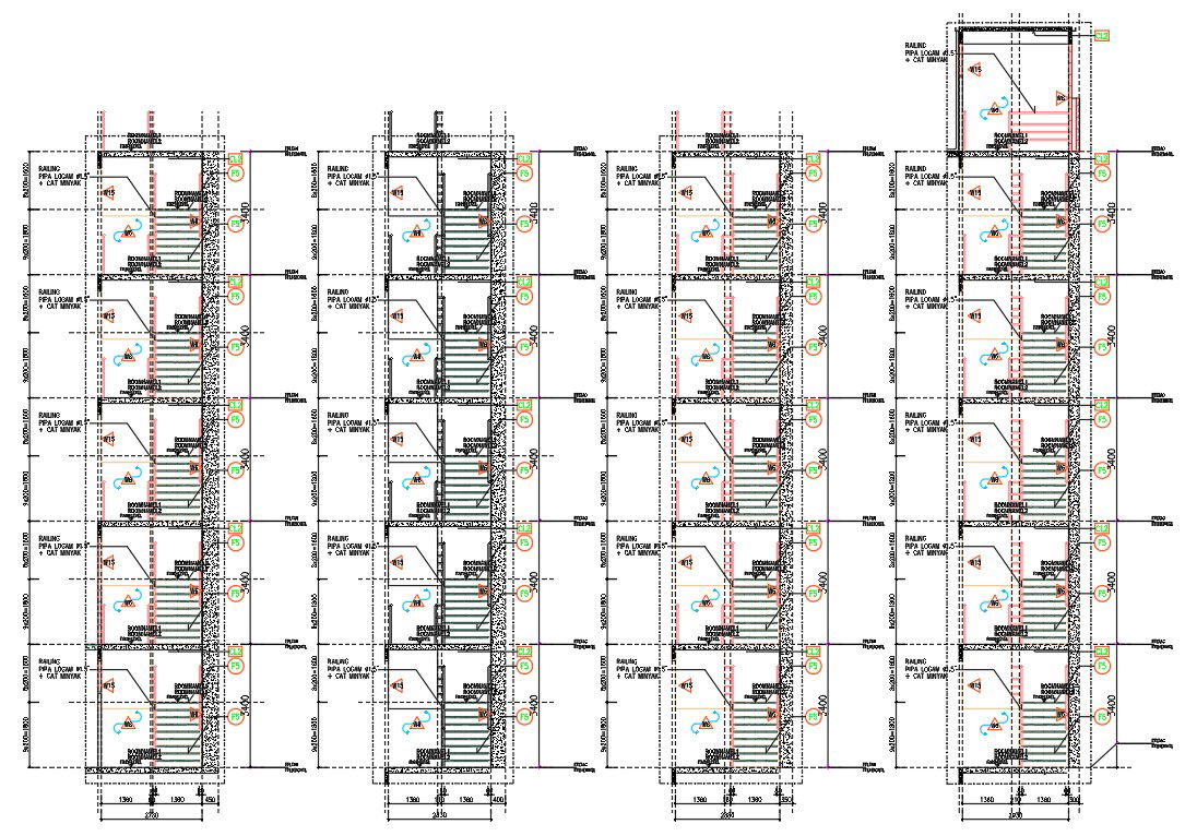 The CAD DWG 2D Drawing of the G+5 staircase elevation and section details. Download the AutoCAD DWG file.