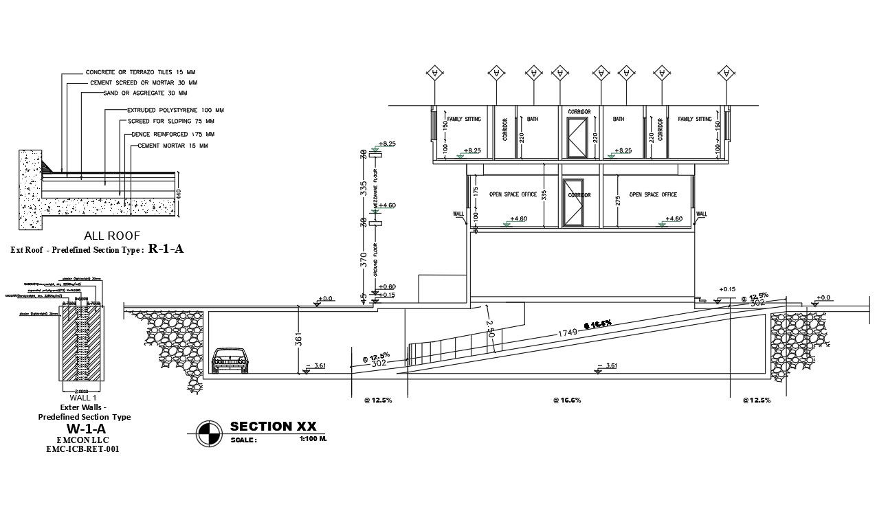 The CAD DWG 2D drawing of the Hotel building basement section details.Download the AutoCAD DWG file.