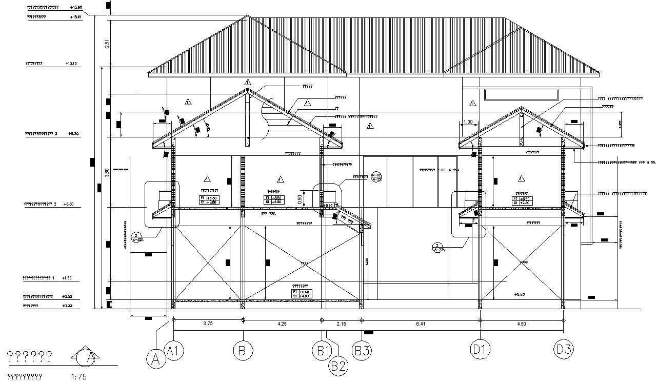 The CAD DWG 2D file of the G+1 residential front elevation and section details,Download the AutoCAD DWG file.
