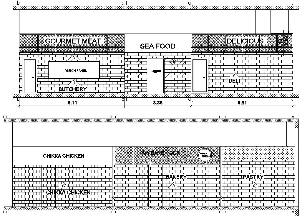 The CAD DWG drawing file details of the Small shop's wall elevation is given. Download the AutoCAD 2D DWG file.