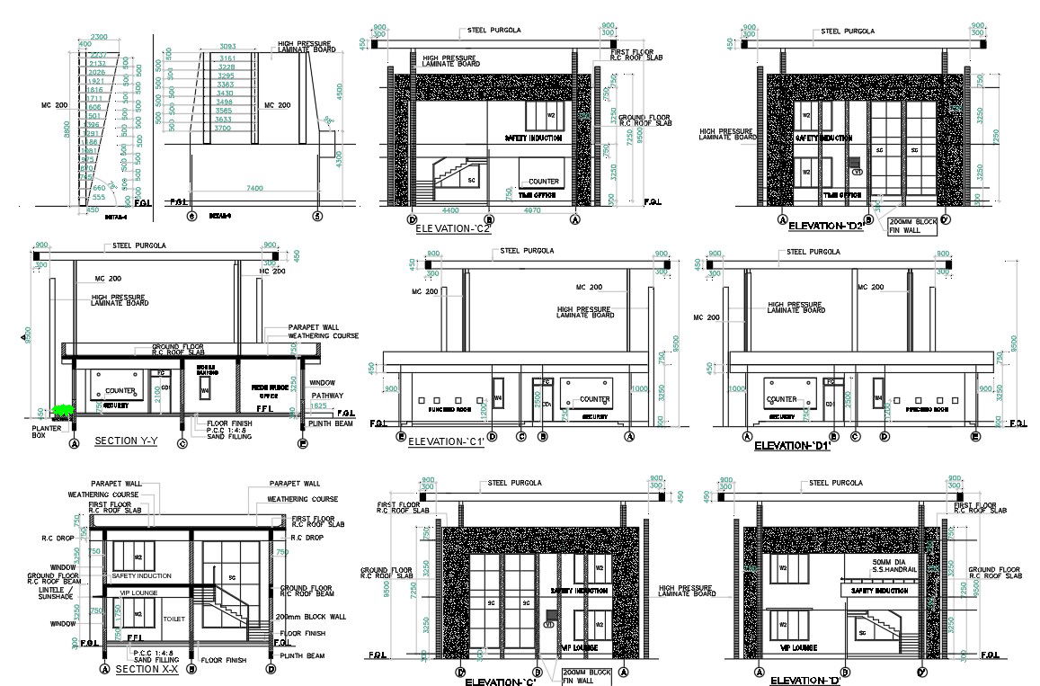 The CAD DWG drawing of the section and elevation details of the factory building. Download the AutoCAD DWG file.