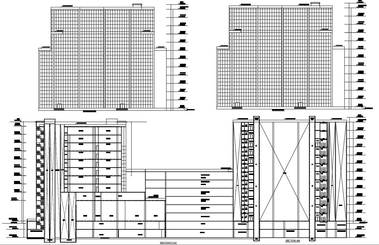 The DWG AutoCAD architectural drawing shows the details of the high rise building section and elevation.Download the AutoCAD DWG file.