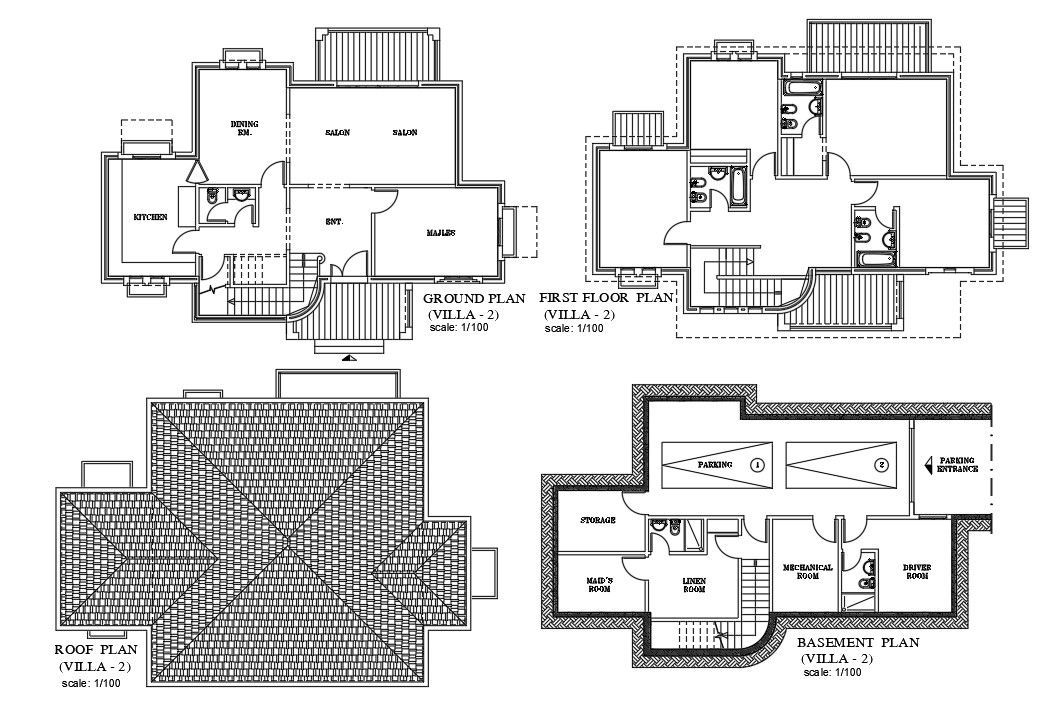 The DWG AutoCad 2D drawing file having the Individual villa floor plan with Basement two car park facilities(Residential Villa House Floor Plan)..Download the AutoCAD 2D DWG file. 