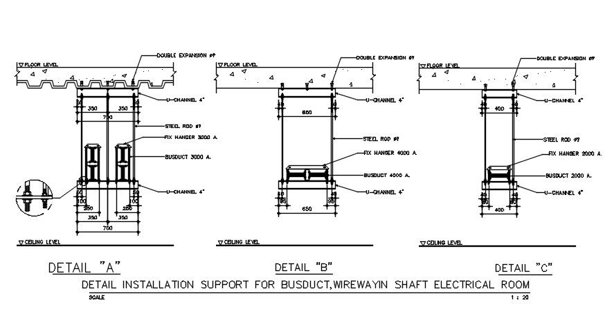 The Detailed installation support for bus duct, wire way in shaft electrical room are given in this 2D AutoCAD DWG drawing. Download the AutoCAD 2D DWG file.
