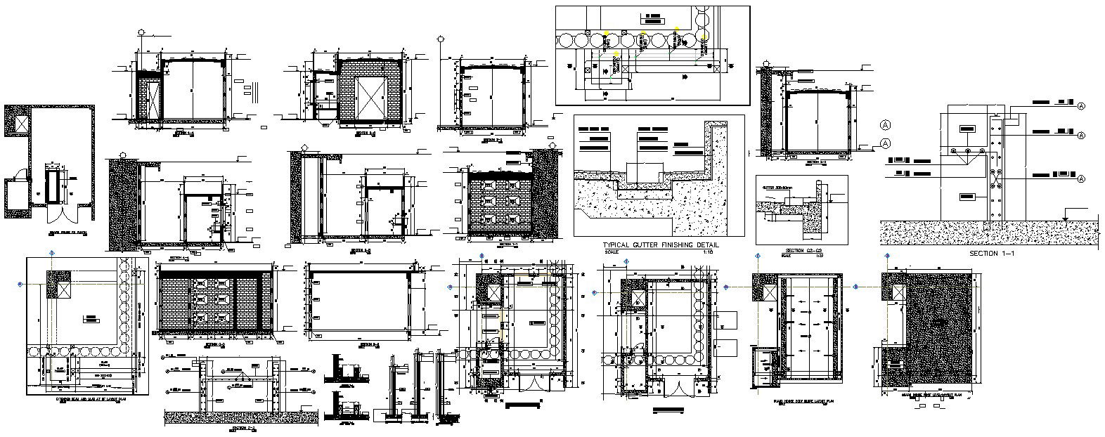 The Drawing file having the Typical details of gutter finish and sectional detail,Download the AutoCAD Drawing file.