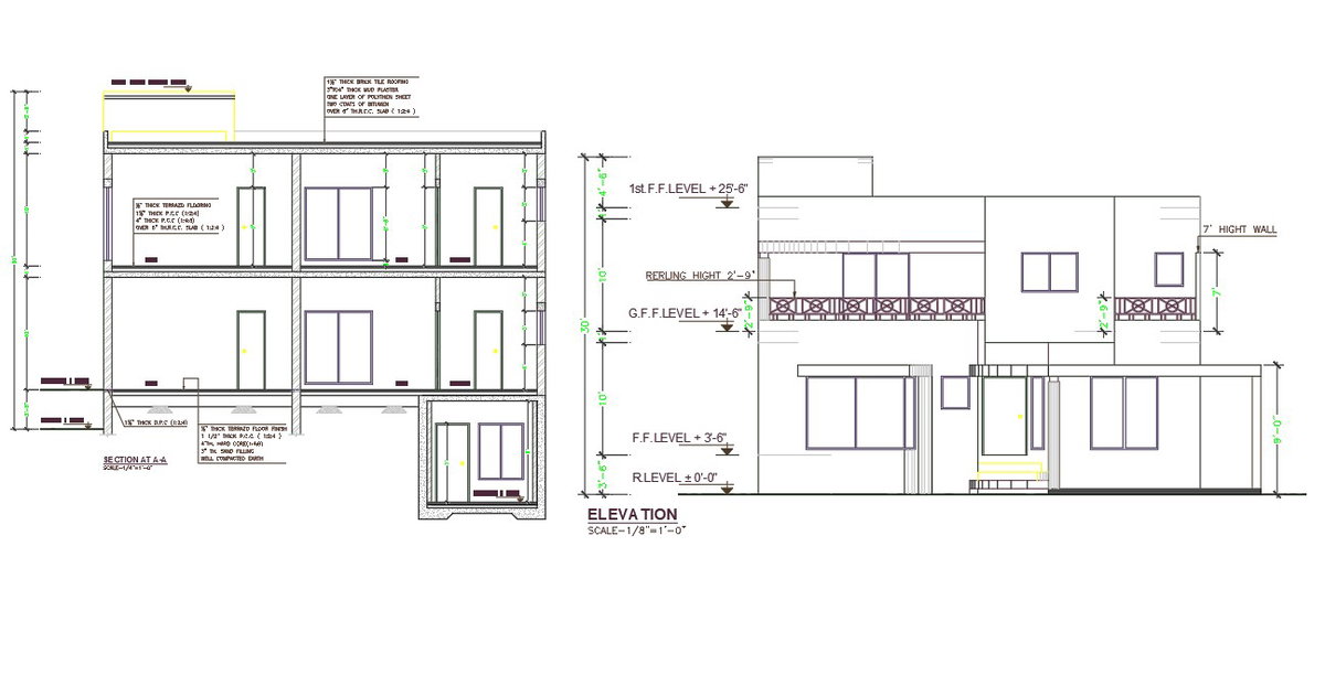The Drawing file showing the details of the Section plan, G+1house plan with front elevation and section plan is available.