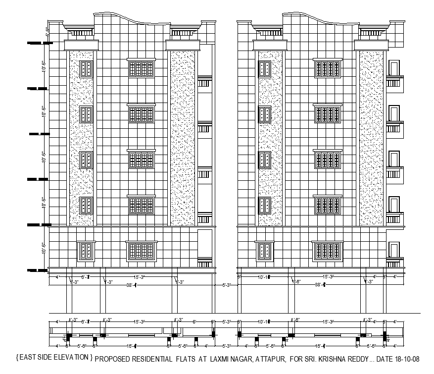 The East side elevation view of 82’x74’ residential apartment building is given in the AutoCAD drawing model. Download now.