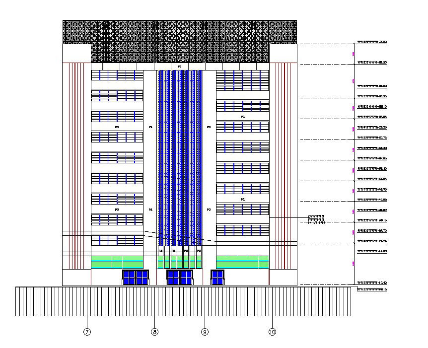 The Front Elevation of the G+9 Building details is given in this 2D AutoCAD Drawing File. Download the AutoCAD file now.