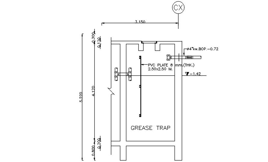 The Grease trap section details are given in this AutoCAD DWG drawing. Download the AutoCAD 2D DWG file.